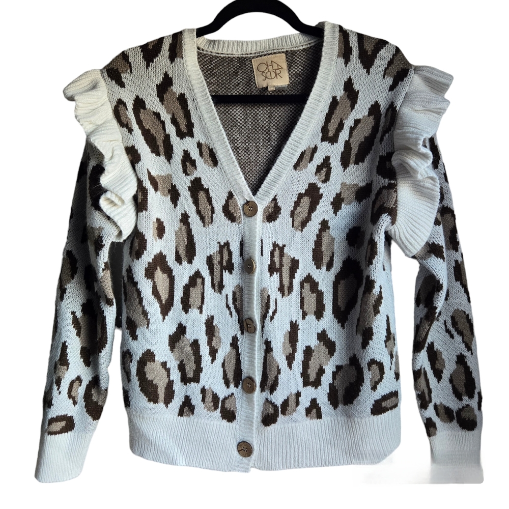 Chaser Leopard Print Button Up Ruffled Cardigan S… - image 1